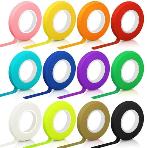 Hengxinc 12 Roll 10MM*20M Coloured Masking Tapes | Thin Colourful Adhesive Masking Tape for DIY Craft Art Lesson Painters Wall Paintings Watercolour Processing