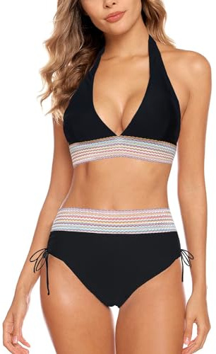 Aidotop Damen Bikini Set Bademode Bauchkontrolle Hohe Taille Bikini Sets Hohe Taille V Ausschnitt Verstellbar Zweiteiliger Badeanzug Swimsuit