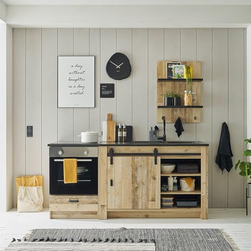 Lomadox Küchenzeile 3-teilig in Old Style hell mit anthrazit Küchenschrank Küchenmöbel Wandregal Spültisch Hängeschrank modern