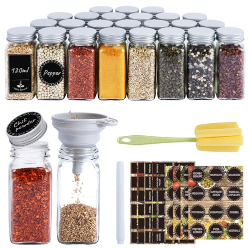 Ferghana Gewürzgläser Eckig Set，24x120ml Gewürzdosen Set，Spice Jars mit Streueinsatz，Etiketten，Reinigungsbürste，Trichter，Stift，Starke Versiegelung Gewürze Organizer，Gewürzstreuer，Gewürzbehälter | Spice Jars mit Streueinsatz，Etiketten，Reinigungsbürste，Trichter，Stift，Starke Versiegelung Gewürze Organizer，Gewürzbehälter