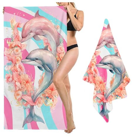 SHROUDEX Delfin Strandtuch 90x180 cm Aquarell Delphin Muster Mikrofaser Strandtuch Badetuch Blumen Strandlaken Handtücher Für Mädchen Kinder Und Jugendliche (9,70x140cm)