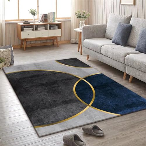 Kunsen 80X140CM Teppich Rutschstop Kreative Geometrie, minimalistische Mode, Flur, schmutzabweisend und pflegeleicht Schwarze Farbe Flokati blau Mädchenteppich Für Schlafzimmer