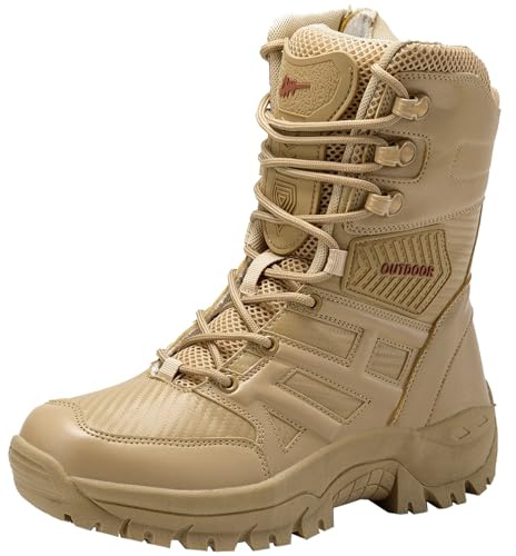 CHICMARK Botas de combate duraderas para hombre con cremalleras laterales/Botas militares antideslizantes y botas tácticas, caqui, 40 EU