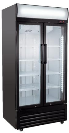 GastroHero Getränkekühlschrank Eco 630 mit Leuchtaufsatz & Klapptüren, 8 verstellbare Böden, 630 L Kühlraum, Glastür, Innenbeleuchtung, Gastronomiebedarf, schwarz für Gewerbe & Gastro