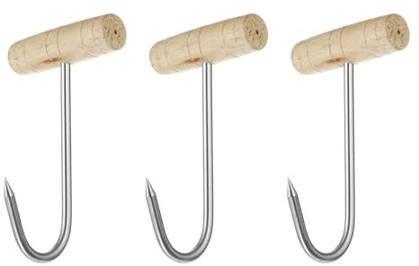 sourcing map 3Pcs Stainless Steel T Hooks 6.7 Inch 7.7mm T-Shaped Handle Meat Boning Hook with Wooden Handle for Kitchen Butcher Shop Restaurant BBQ Tool