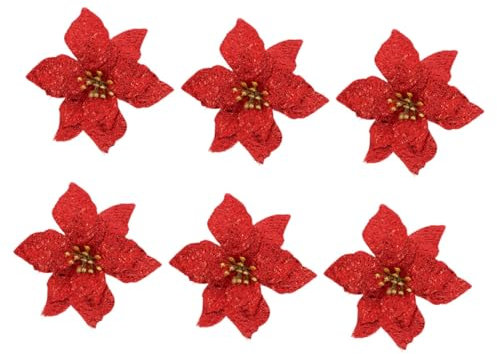 PHENOFICE 6pcs Weihnachten Baum Gefälschte Blume Dekorationen Rot Doppel-Schicht Künstliche Weihnachten Dekorationen Blume Ornamente