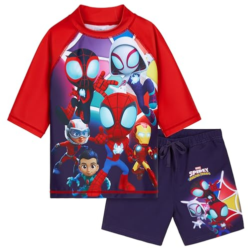 Get Trend Marvel Spidey Costume Piscina Bambino 2 Pz Costumi Mare Pantaloncini da Bagno e Maglietta per Nuoto Spiaggia Viaggio (7-8 Anni, Blu Navy Spidey)