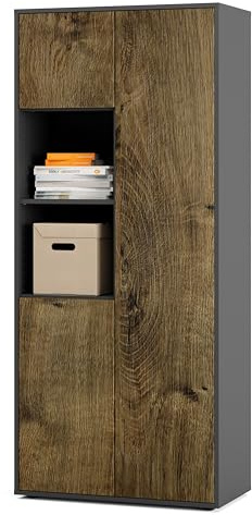 SIMPLYFURN Büroschrank Amira T20, Schrank mit Zwei offenen Fächern, Anthrazit & Eiche Ribbeck, Push-to-Open, 180x80x40 cm, Aktenschrank für Büro und Homeoffice