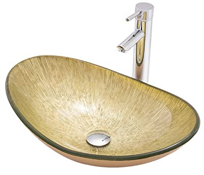 Lavandino da appoggio per il bagno, lavabo da appoggio in vetro TempeRood, lavabo da appoggio ovale, installazione da banco, lavandini per il bagno con rubinetto in ottone cromato, scarico a scomparsa