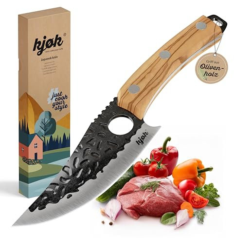 kjøk Premium Messer 58±2 HRC Stahl, 148 mm scharfe Klinge mit Loch in Hammeroptik und Olivenholzgriff – Hochwertiges Küchenmesser Grillmesser für Fleisch und BBQ - Allzweckmesser für Outdoor & Camping