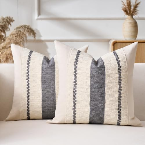 Aisybaklyn Kissenbezug 40x40 2er Deko Kissen Kissenhüllen Boho Deko Style Baumwolle Sofakissen Grau Gestreift Gewebt Moderner Bauernhaus Dekorative Kissenbezüge für Sofa Schlafzimmer Party Wohnzimmer
