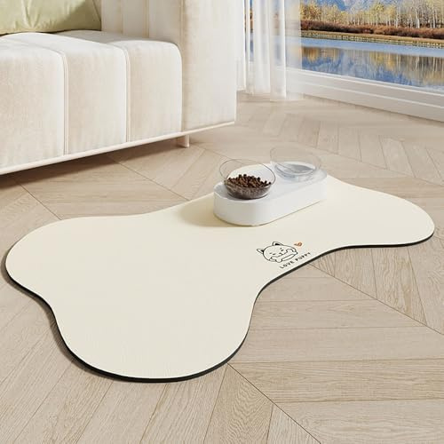 Napfunterlage Hund Katzen, Hund rutschfest Saugfähig Schnelltrocknend Futtermatte Hunde Katzen Matte, Form des Knochens Napfunterlage Katze Hundenapf Unterlage (Beige,50x80cm)