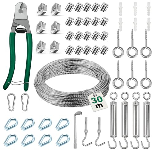 Câble Acier de 3 mm à 30m, Tendeur de Câble en Acier Inoxydable et Coupe-fil, Cable inox convient pour les Cordes à Linge, les Articles Suspendus, les Projets de Bricolage