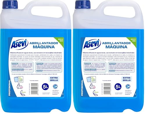Asevi Abrillantador para Lavavajillas Industriales - Abrillantador Profesional para Máquinas - Extra Brillo y Secado Instantáneo Sin Manchas - Uso en Vajilla y Cristalería de Hostelería - 5 Litros