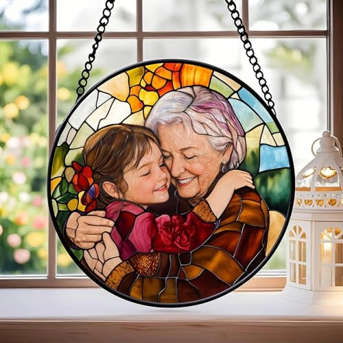 Personalized Grandma Stained Glass Suncatchers for Windows, Custom Photo Family Portrait Outdoor Garden Hanging Ornaments Panels Sun Catcher, Personalised Photo Gifts for Men Women Best Friend Dad Mum