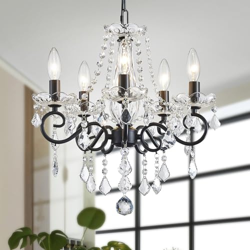 WUZUPS Crystal Candle Chandelier Pendant Flushmount Ceiling Light Modern Lighting Fixture for Bedroom Hallway Bar Kitchen Bathroom, H42 W43, Black, E14 Base