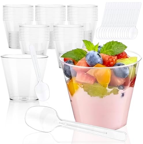 ZoneYan Lot de 50 Tasses Coupes Gobelets à Dessert avec 50 Cuillères, 100 ml Tasses à Dessert en Plastique, Verrines à Dessert Réutilisables, pour les Mariages, Réceptions, Fêtes,Piquenique