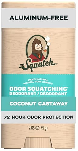 Dr. Squatch Natural Men’s Deodorant – Aluminium Free Natural Deodorant For Men with Charcoal & Postbiotics for 72-Hour Odor Protection – Coconut Castaway, 75g Stick (1-pack)