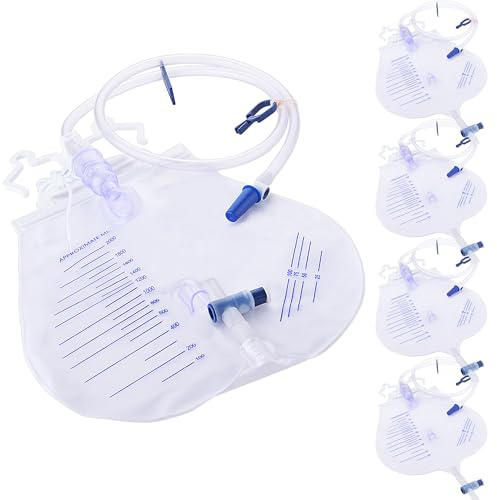 Ehoycq 5 Pack 2000ml Sterile Urinary Drainage Bags, Catheter Bags with Anti-Reflux Chamber and 48 Drainage Tube,Professional Men Women Overnight Bedside Urine Bag