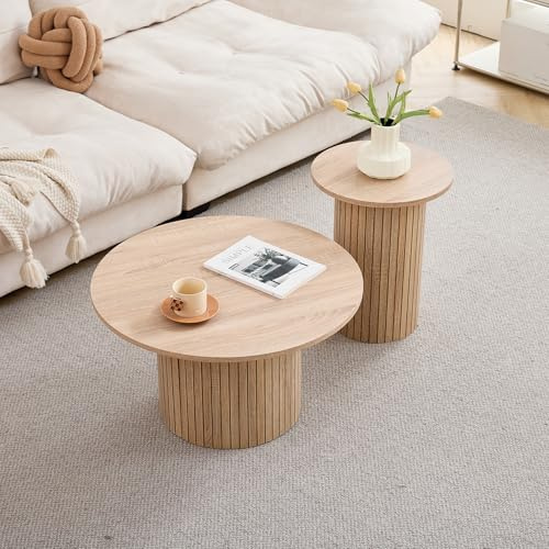 EGOONM Lot de 2 Tables Basses Rondes Gigognes pour la Maison et Le Bureau ; Table D'appoint de Salon Moderne avec Piédestal à Lattes en Bois (Naturel/Grain de Bois)