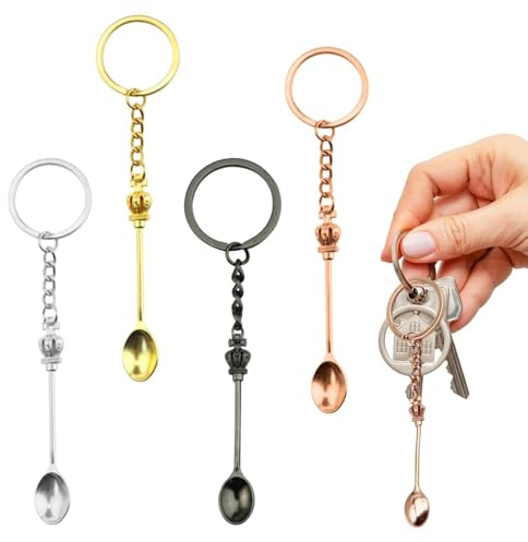 4 PCS Mini Spoon, Tiny Spoons, Mini Spoons Keychain, Mini Crown Spoons Keychain Pendant Necklace, Gadget for Men Women Backpack Pendant Party Favors, Ring for Filling Vials with Salts, Sand