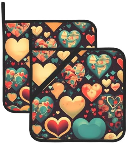 Set di 2 presine a forma di cuori colorati, essenziali per cucina, forno, piano di lavoro, 20,3 x 20,3 cm
