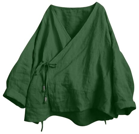 Cárdigan tipo kimono Hanten para mujer, manga larga, parte delantera cruzada, tela de lino de algodón, disfraz retro de Hanfu, camisa irregular para looks culturales, verde, S