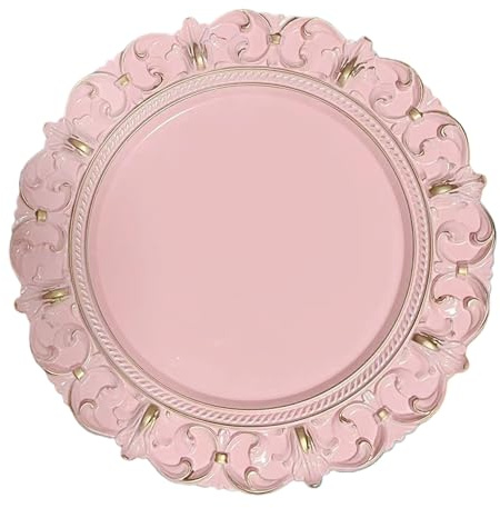 WYFMYD 6 Pack Pink Charger Plates 13 Round Charger Plates for Dinning Plates with Embossed Rim Plastic Charger for Dinner, Wedding, Elegant Tableware Decor