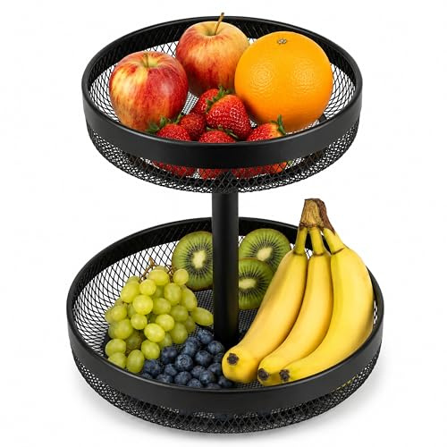 URMONA 2-stöckiger Obstkorb, runde Obstschale aus Metall für Küche, Schwarz