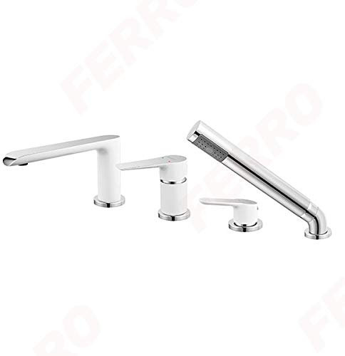 Wannenrandarmatur Badewannenarmatur mit Handbrause, Mischbatterie für die Badewanne, 4 Loch, Weiss/Chrom, Modell: Ferro Adore BDR11A