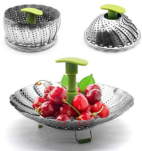 Cesta plegable de acero inoxidable 100% para vegetales, vaporera plegable para cocinar verduras, pescado, mariscos, expandible para adaptarse a varios tamaños (14 cm a 23 cm)