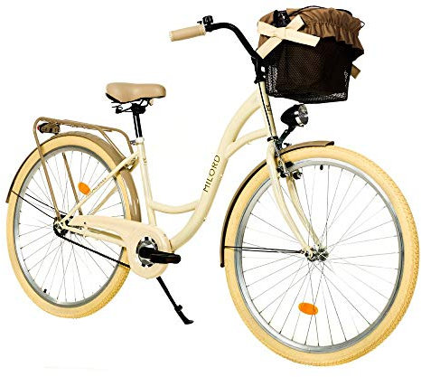 MILORD. 26 Zoll 1-Gang Creme Braun Komfort Fahrrad mit Korb Hollandrad Damenfahrrad Citybike Cityrad Retro Vintage