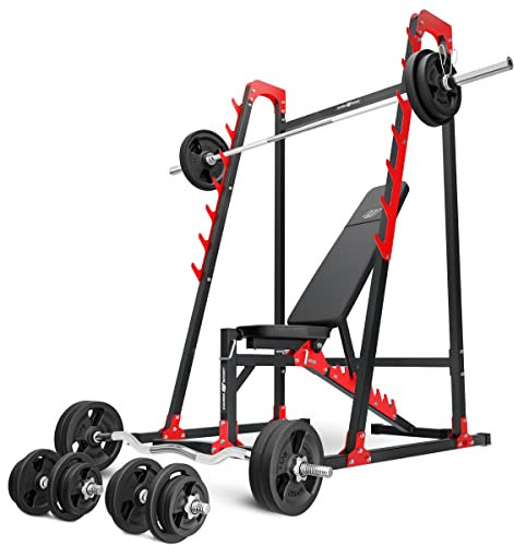 Marbo Sport Sport-Set MH24 – verstellbare Hantelbank, Langehantelständer, 1 x SZ-Curlstange, 2 x Kurzhantelstange, 1 x Langhantelstange + Gewichtsscheiben 113 insg. kg