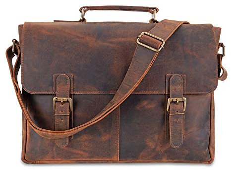 moonster Herren Aktentasche Leder Rustikale Aktentasche Damen - Handgefertigt Echt Finish Büffelleder - 16-Zoll Laptoptasche Leder Gepolstertem Fach Lehrertasche mit Verstellbaren Riemen