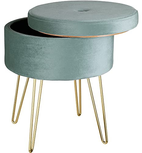 tectake® 3-in-1 Sitzhocker mit Stauraum, Aufbewahrungsbox mit Deckel, Stuhl und Beistelltisch, aus Samt, bis 300 kg belastbar, Pouf Hocker rund, Polsterhocker, für Schminktisch, als Fußablage - türkis