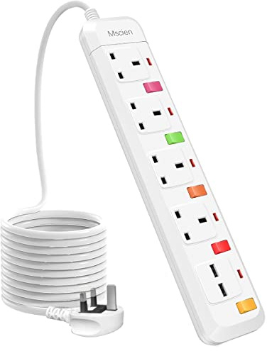 Mscien Extension Lead 2M with USB Slots, 13A 4 Way Plug Sockets with Individual Switches 2 USB Ports Extension Cord Mountable Power Strips with 2 Meter extension cable 3250W