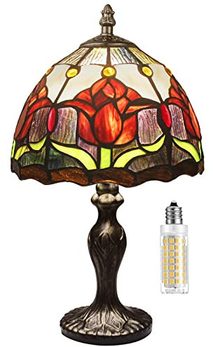MIAOKE Lampe Stained Glass Lamp Vintage - Style Fleur Vitrail, Art Déco Convient pour chambre à coucher, lampe de chevet, bureau, étude - Ampoule E27 Non Fournie(Tulipes Rouges)