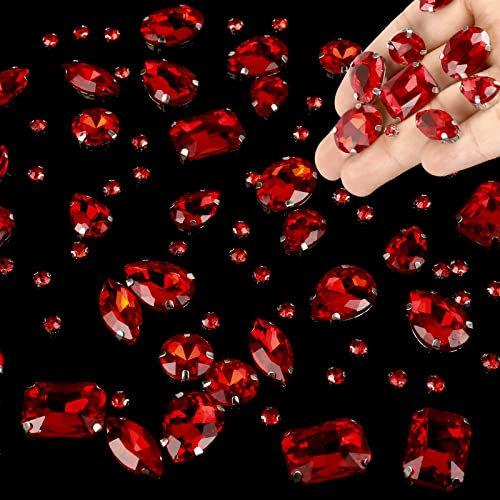 186 Stück Glas-Strasssteine, Klarer Kristall, Metall-Krallen-Edelsteine Zum Aufnähen, Für Bastel-Dekoration, Kleid-Näh-Dekoration (Rot)