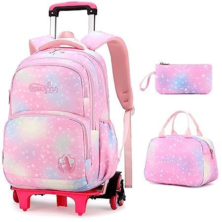 3Pcs Rolling Backpack for Girls Dream Princess Wind Bookbag with Wheels Travel Bag Trolley School Bag with Lunch Box Pink