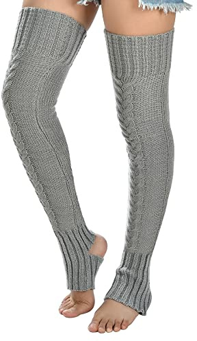 Women's Cable Knitted Thigh high Leg Warmers Extra Long Stirrup Over Knee High Warm Footless Socks Stockings