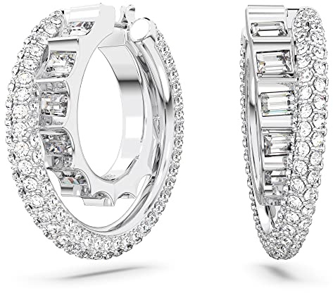Swarovski Rota Ohrringe, Weiße und Rhodinierte Kreolen im Baguette-Schliff mit Strahlenden Swarovski Kristallen