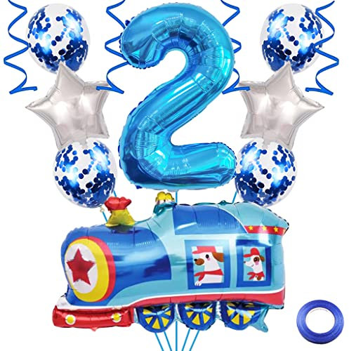 Weenkeey 2nd Train Birthday Balloon Decor - Giant Aluminum Foil Number 2 Mylar for Railroad Party Boys - Blue