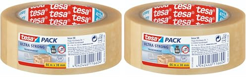 tesa tesapack Ultra Strong - PVC-Klebebänder für festes Verpacken und sicheres Bündeln - Transparent - 66 m x 38 mm (Packung mit 2)