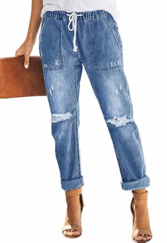 Alaster Queen Boyfriend Jeans Women Ripped Look and Stretch Comfortable Baggy Casual Jeans for Women Blue L