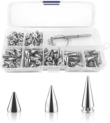 100stk Spikes Studs 7mm Metall Kegel Spikes Niete, Punk Rock Schraube zurück Studs für DIY Taschen Kleidung Leder Handwerk Armband Halskette, mit Schraubendreher (Silber, 3 Größe)