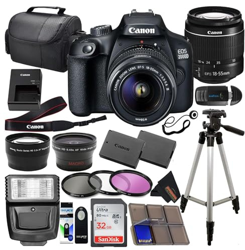 Canon EOS 2000D (Rebel T7) DSLR with 18-55mm Lens 3 Lens Kit and Sunshine Photo Accessories Bundle (Renewed)