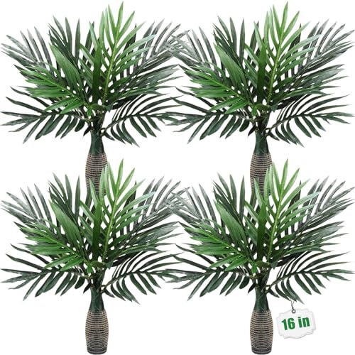 Jexine 4 Pcs 16'' Mini Artificial Palm Tree, Faux Fake Tropical Plant Decoration Imitation Palm Leaf for Indoor Outdoor Home Office Decorations Jungle Party Supplies Housewarming Gift