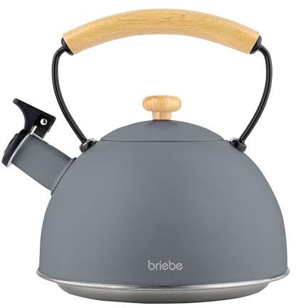 briebe Nordic Bollitore Induzione a Fischio 2,3 L, Acciaio Inossidabile, Tutti Fornelli: Vetroceramica, Gas, Elettrico, Manico in Legno Cool Touch, per Tè, Caffè, Tea Pot, Grigio