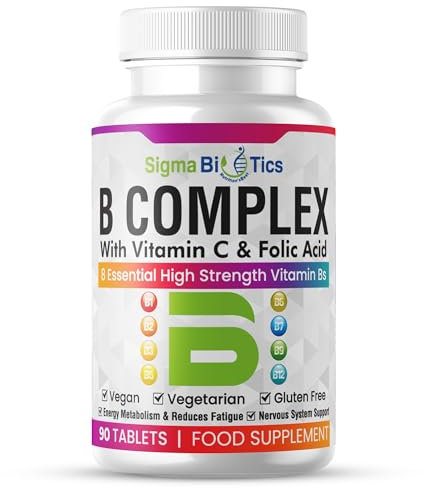 SigmaBiotics 8 B Complex Vitamins, B12, Vitamin C - Folic Acid, Biotin, Choline, Magnesium, B1, B2, B3, B5, B6 Vitamins - Vegan & Gluten Free - 90 Tablets - One Per Day - 3 Months Supply