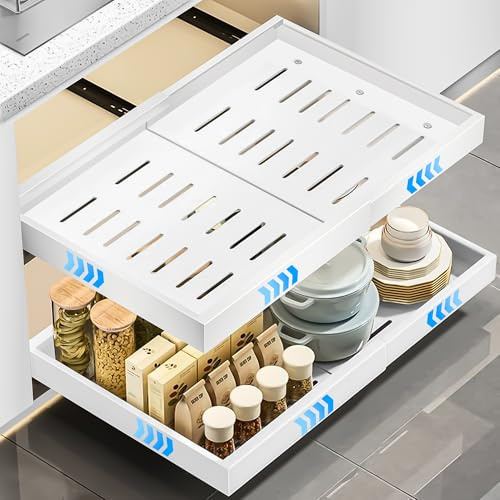 WELLTE 2 Pieza Cajón Telescópico para Pegar, (32-52 cm ancho × 43 cm prof. × 7,5 cm alto) Extraíble para Cocina, Organizador de Cajones de Cocina, sin Necesidad de Taladrar ni Clavar, Blanco